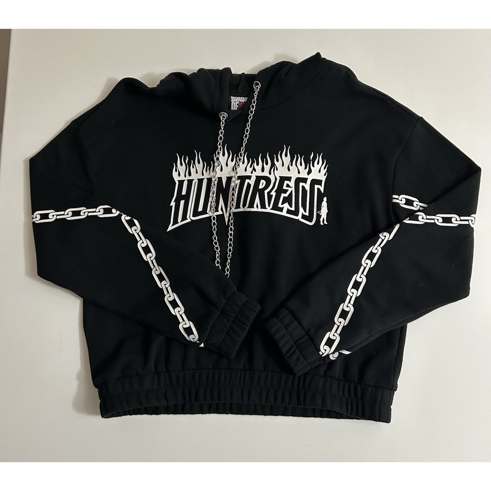 Huntress Graphic Hoodie Black Women's Medium | Flame Logo + Chain Sleeves